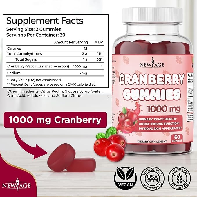 NEW AGE Cranberry Gummies Urinary Tract Health Gummies 1000mg - Supports Bladder, Kidney, UTI - Vegetarian (Cranberry 120 Gummies)