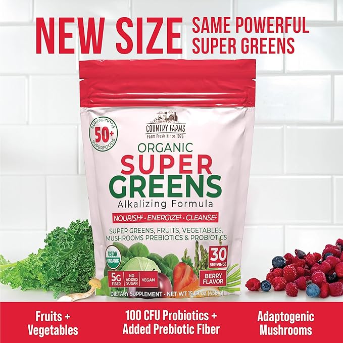 COUNTRY FARMS Super Greens Berry Flavor, 50 Organic 30 Servings