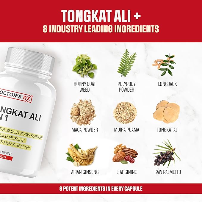 Doctor's RX || #1 New 9 in 1 Tongkat Ali + Horny Goat Weed || Maximize Blood Flow, Increase Mood & Stamina | Ultra Dosed Formula w/ 9 Powerful Ingredients | Research Backed + USA Made - 60 Capsules