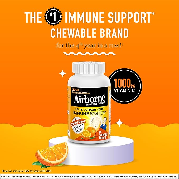 Airborne 1000mg Chewable Tablets with Zinc, 96 Tablets,