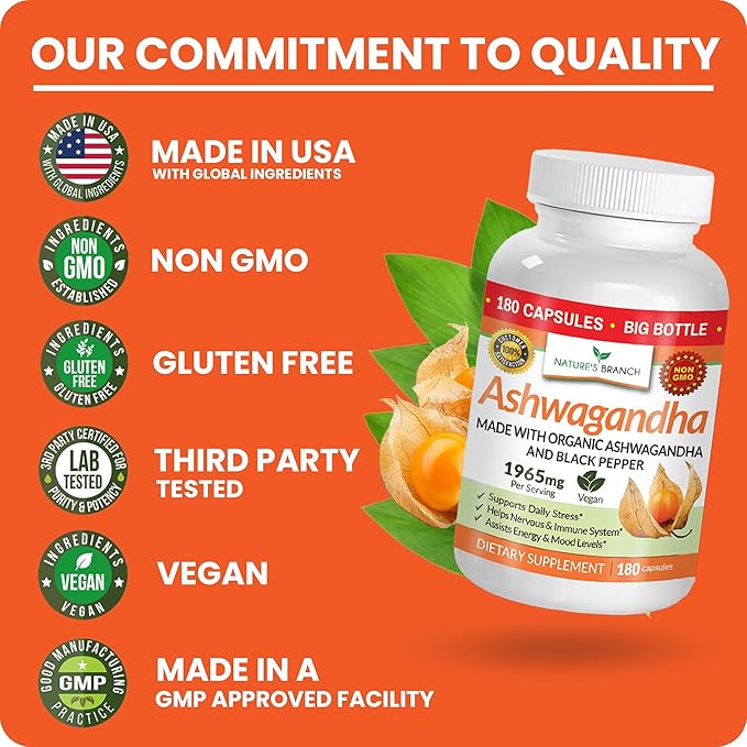 UDAF Certified Organic Ashwagandha with Black Pepper - 180 Capsules - 1965mg Extra Strength for Stress, Sleep, Mood, Thyroid, Focus, Hair, Vegan Pure Root Extract Powder - Men and Women Supplements