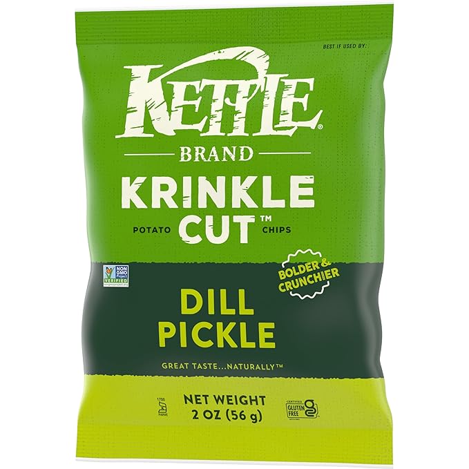 Kettle Brand Potato Chips, Krinkle Cut, Dill Pickle Kettle Chips, Snack Bag 2 Oz