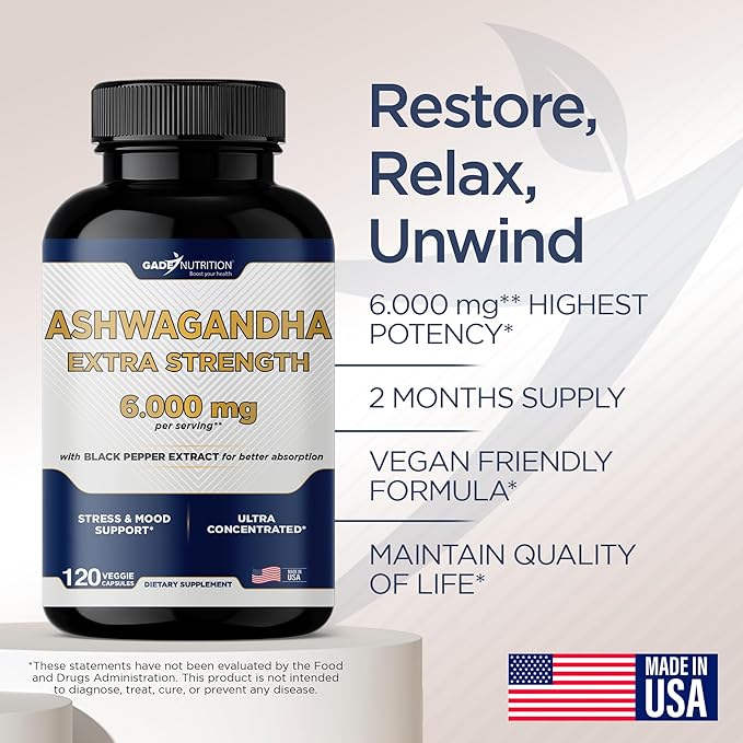 Ashwagandha Supplements - Extra Strength 6000mg 120 Veggie