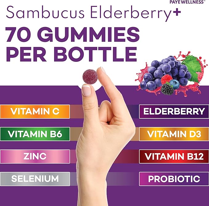 Elderberry Gummies Immune Support, Daily Support for Kids and Adults*, with Sambucus Elderberry, Zinc, Vitamin C, D3, B6, B12, Plus - Dietary Supplement - 140 Count