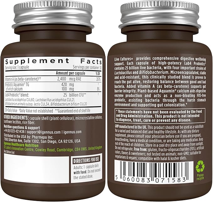 Igennus Probiotics & Prebiotic, Lactobacillus Acidophilus & Bifidobacterium, Live Cultures+ Lab4, Guaranteed 25 Billion CFU, for Women & Men, Non-Bloating Gut Health Support, Non-GMO, 30 Capsules