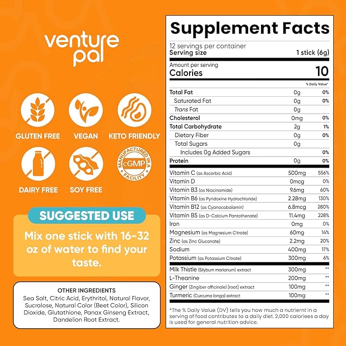 Venture Pal Liver Cleanse Detox & Repair, Liver Support with Milk Thistle + Ginger & Turmeric + L-Theanine + 5 Vitamins & 7 Electrolytes, Rapid Rehydration & Weekend Recovery Powder Packets, 12 Sticks