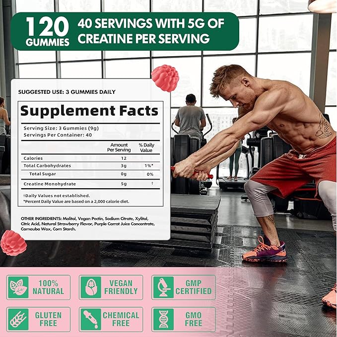 Creatine Monohydrate Gummies 5000mg for Men & Women, Creatine Monohydrate for Muscle Strength, Muscle Builder, Energy Boost, Pre-Workout Supplement(120 Count)-Watermelon Flavor