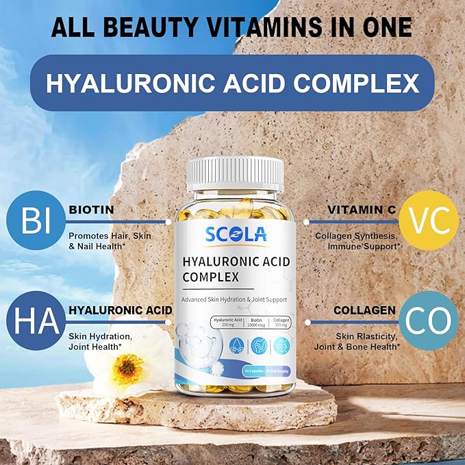 Hyaluronic Acid Supplements - Advanced Skin Hydration & Joint Support with 250 mg Hyaluronic Acid, Vitamin C, Collagen, and 10000 mcg Biotin - Anti-Aging, Skin, Supplement - 60 Vegan Capsules