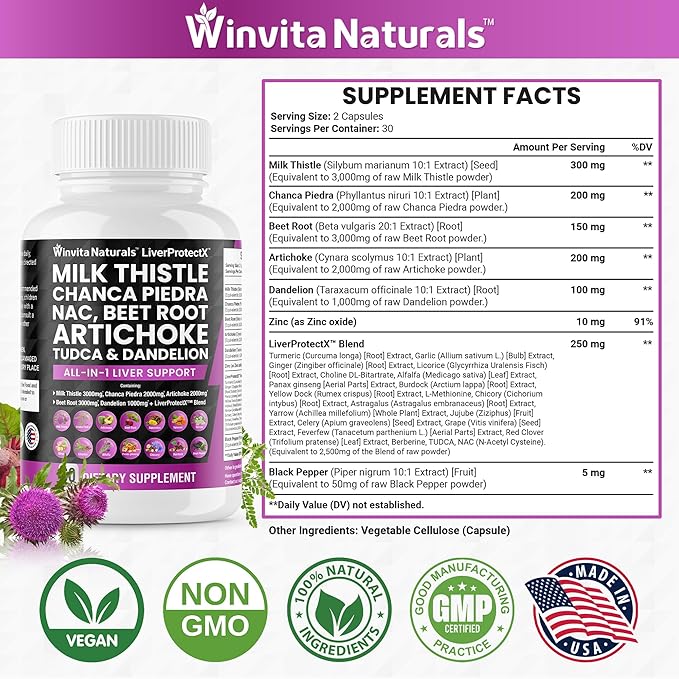 Milk Thistle 3000mg NAC Chanca Piedra 2000mg Beet 3000mg Artichoke 2000mg Dandelion 1000mg -