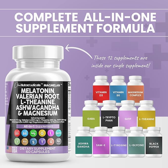 Clean Nutraceuticals Melatonin 10mg Valerian Root 6000mg L 200mg Ashwagandha 4000mg - 60 Caps