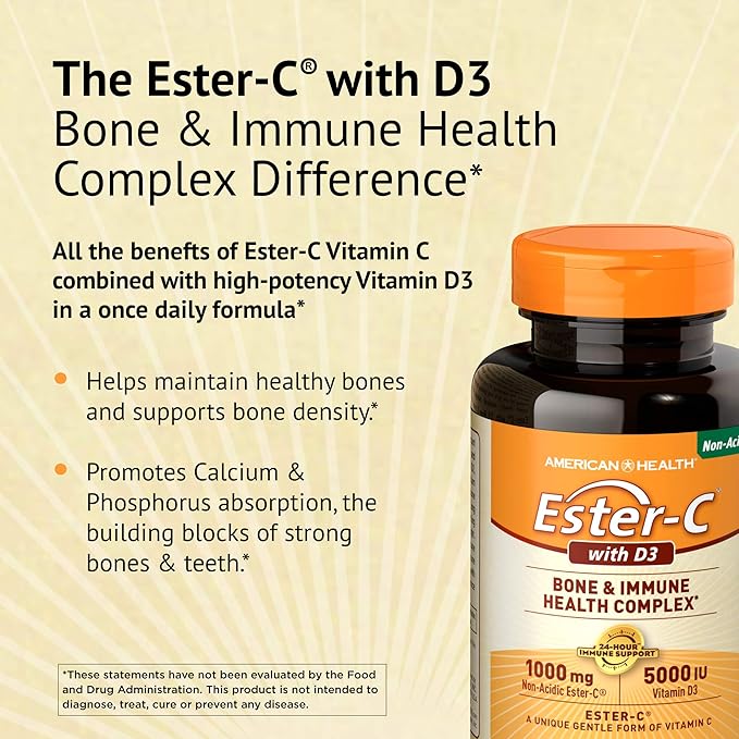 American Health EsterC with D3 Bone 24Hour Immune 1000 mg 5000 IU D3 NonAcidic 60 Count