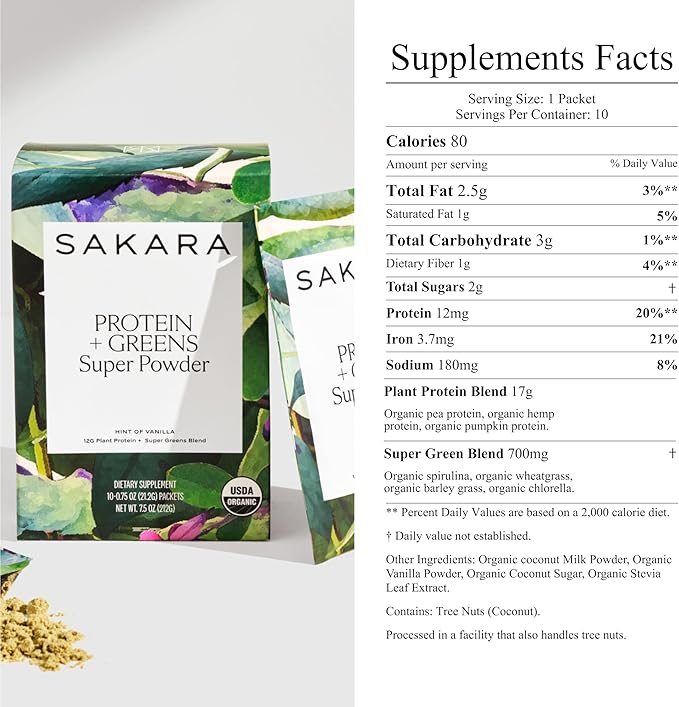 SAKARA Protein + Greens Super Powder, 10 Servings