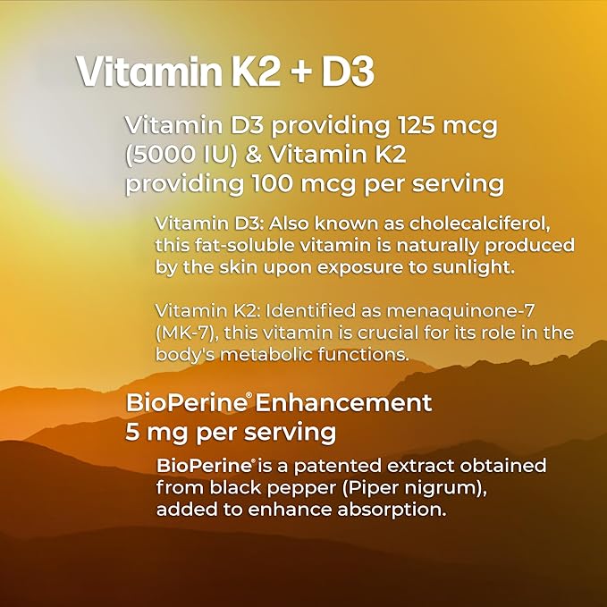 Vitamin D3 K2 Supplement 5000 IU D3 and 100 mcg K2 (MK7) (MK7) for 60 Vegan