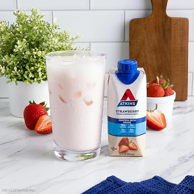 Atkins Strawberry Protein Shake, 15g Protein, Low Glycemic, 2g Net Carb, 1g Sugar, Keto Friendly, 12 Count