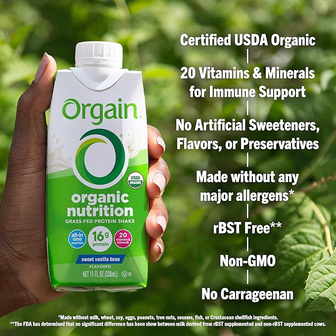 Orgain Organic Nutritional Protein Shake, Vanilla Bean 16g Grass 20 Vitamins 11 Fl (12 Pack)