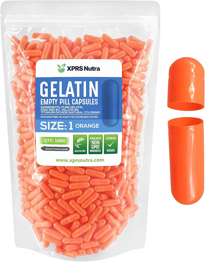 XPRS Nutra Size 1 Empty Capsules - 1000 Count Empty Gelatin Capsules - Empty Pill Capsules - DIY Capsule Filling - Pure Bovine Pill Capsules Empty Gel Caps (Orange)