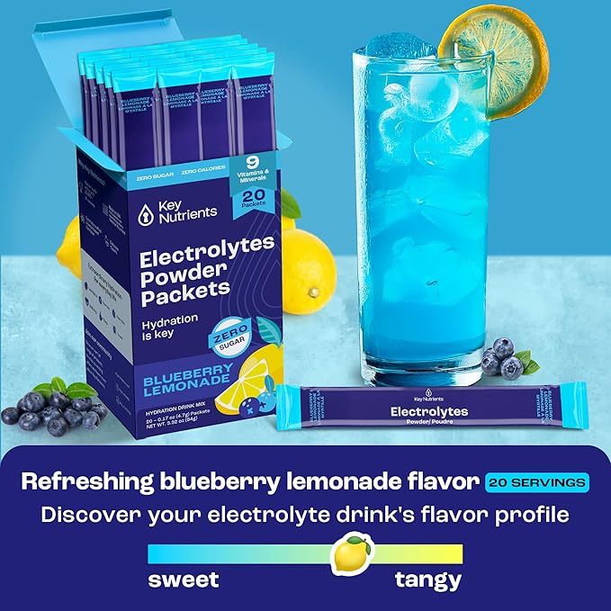 KEY NUTRIENTS Multivitamin Electrolytes Powder Packets - Delicious Blueberry Lemonade 40 Pack Hydration Packets - Travel Hydration Powder - No Sugar, No Calories, Gluten Free - Made in USA