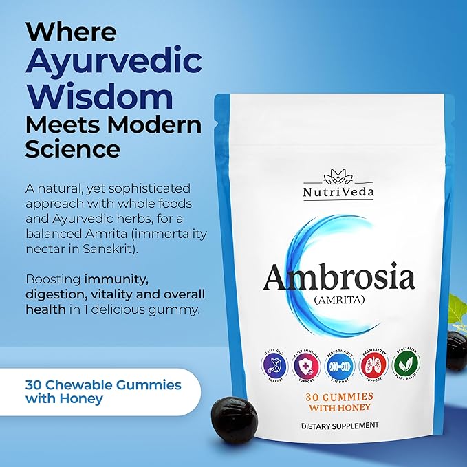 Ambrosia Amrita Gummies – Organic, Plant-Based, Natural Whole Foods Based, Complete Nutrition for All Ages, Honey-Flavored Gummies, 30 Count Pack