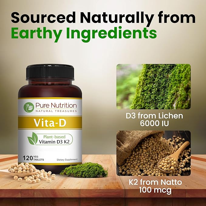 Pure Nutrition Vita D3 K2 - Plant Based Vitamin D3 K2 Supplement | 120 Tabs | Vitamin D3 6000 IU | Vitamin K2 as MK7 100mcg | Vitamin K2 D3 | Non GMO |