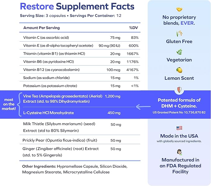 Cheers Restore | Supplement with DHM + L-Cysteine | Feel Better After Drinking & Support Your Liver | 12 Doses | Dihydromyricetin, Cysteine, Prickly Pear, B-Vitamins, Ginger