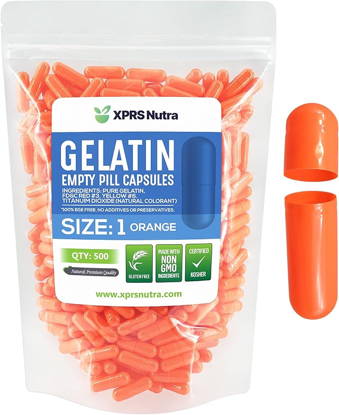 XPRS Nutra Size 1 Empty Capsules - 500 Count Empty Gelatin Capsules - Empty Pill Capsules - DIY Capsule Filling - Pure Bovine Pill Capsules Empty Gel Caps (Orange)