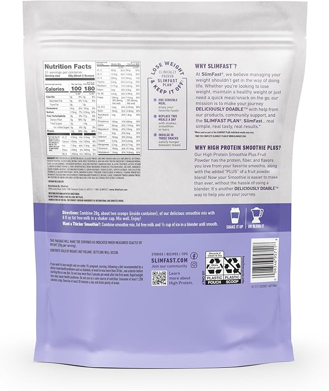 SlimFast High Protein Smoothie Mix Plus 21 Servings, 1.29 Pounds,