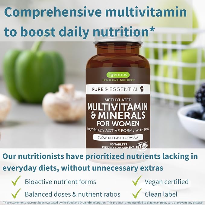 Igennus Methylated Women's Multivitamin, Methylated Folate for MTHFR, Clean Label & Sustained Release, with Iron, Non-GMO, Halal, 60 Vegan Tablets