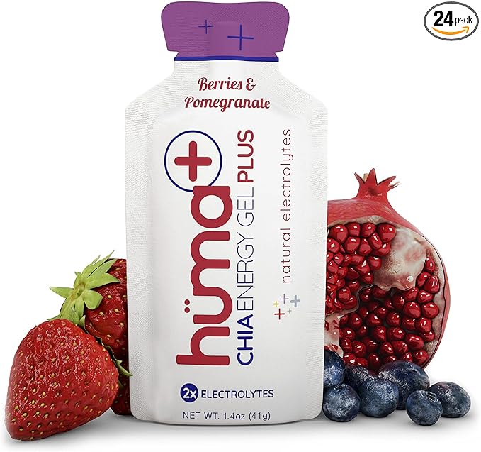 Huma Plus (Double Electrolytes) - Chia Energy Gel, Berries & Pomegranate, 24 Gels - Stomach Friendly, Real Food Energy Gels