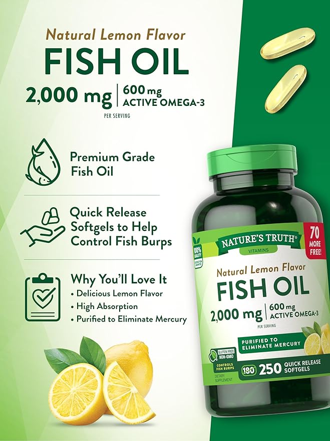 Nature's Truth Burpless Fish Oil Pills 2000 mg 600 mg 3 | 250 Softgels