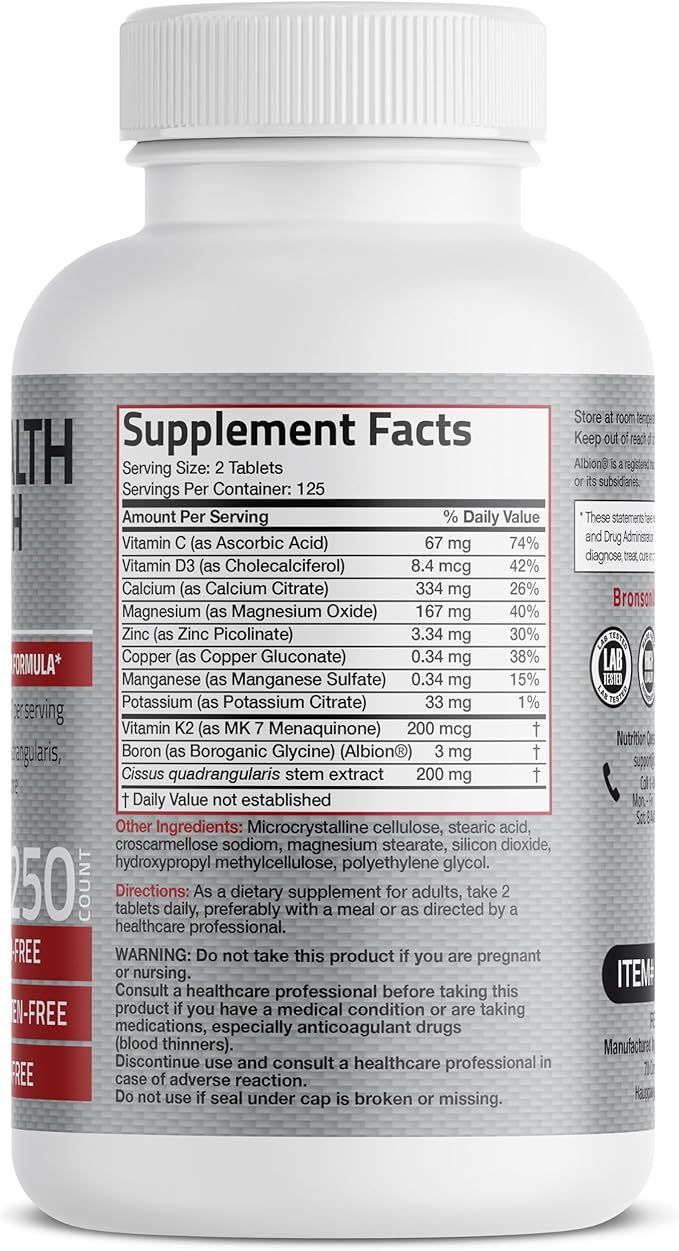 Bronson Bone Health & Strength Complex* 200 MCG K2 as MK7, Plus D3, and 250 Tablets