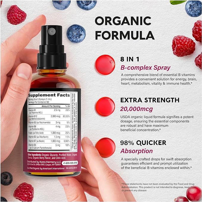 USDA Organic Vitamin B-Complex Liquid Spray 8-in-1 B5 Pantothenic B12 Methylcobalamin B1 Thiamine B6 Pyridoxine B7 Biotin B9 Folic B3 Niacinamide 2fl oz