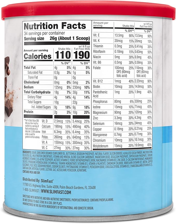 SlimFast Original Meal Replacement Powder, Rich Chocolate Royale, Weight Loss Shake Mix, 10g of Protein, 34 Servings (Packaging May Vary)