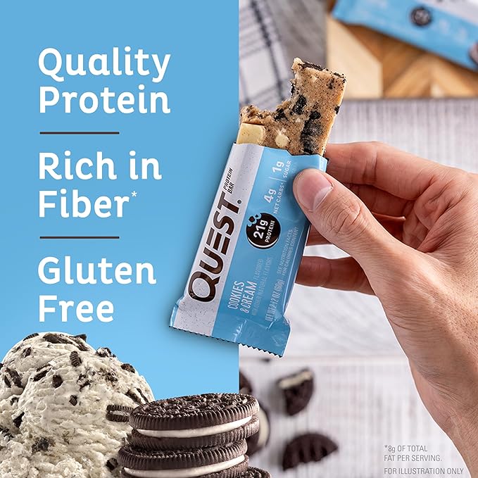 Quest Nutrition Cookies & Cream Protein Bars, 21g Protein, 1g Sugar, 4g Net Carb, Gluten Free, Keto Friendly, 12 Count