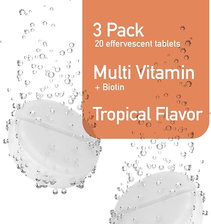 Effervescent Multivitamins + Biotin for Wellness and Vitality Dietary Supplement with Vitamins C, E, B1, B2 B6, B12, A, and D3, 3-Pack, 60 Tablets