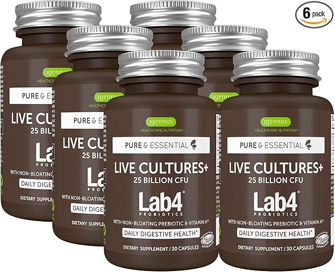 Igennus Probiotics & Prebiotic, Lactobacillus Acidophilus & Bifidobacterium, Live Cultures+ Lab4, Guaranteed 25 Billion CFU, for Women & Men, Non-Bloating Gut Health Support, Non-GMO, 6 x 30 Capsules