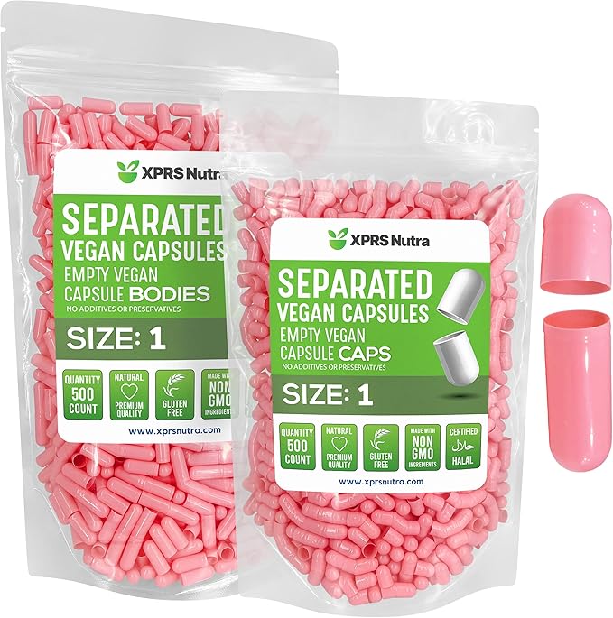 XPRS Nutra Vegan Size 1 Separated Capsules - 1000 Count Premium Empty Capsules Separated in Bags - Empty Capsules - Separated Empty Capsules - Pill Capsules Empty for DIY Supplement Filling (Pink)