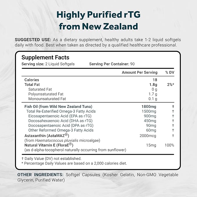 Naturalis Ultimate rTG Omega 3 Fish Oil 1800mg from Wild New Zealand Tuna - Full Spectrum Omega3s EPA, DHA & DPA - Sustainably Sourced, Non-GMO, Gluten Free - 180 Softgels