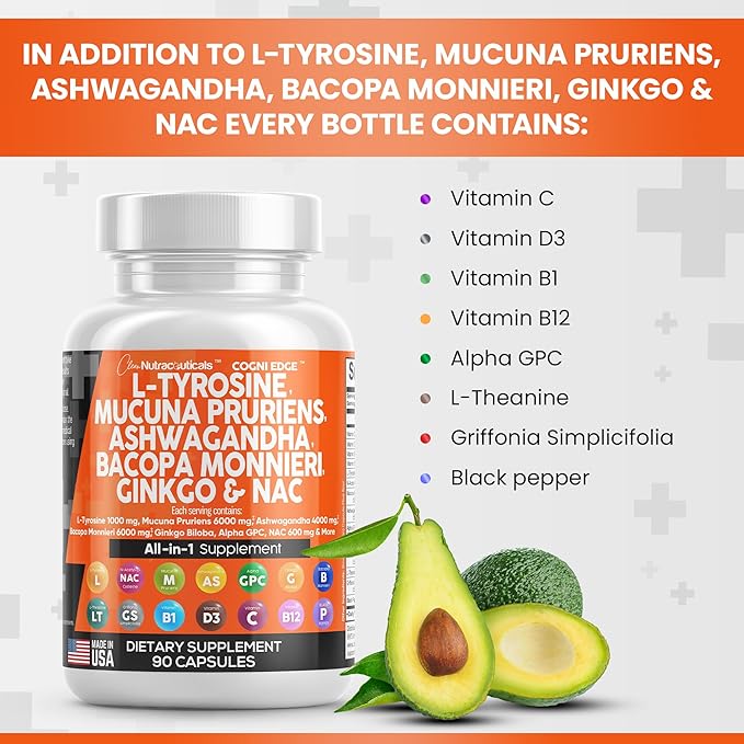 Clean Nutraceuticals L Tyrosine 1000mg Mucuna 6000mg Bacopa 500mg Ashwagandha 4000mg Focus 600mg NAC 5-HTP Ginkgo B1 B12 B12