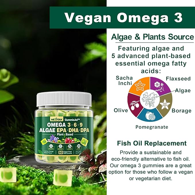Vegan Omega 3 Gummies, Sugar Free 3 Fish 3-6-9 Fatty Omega-3 Gummies 60 Counts