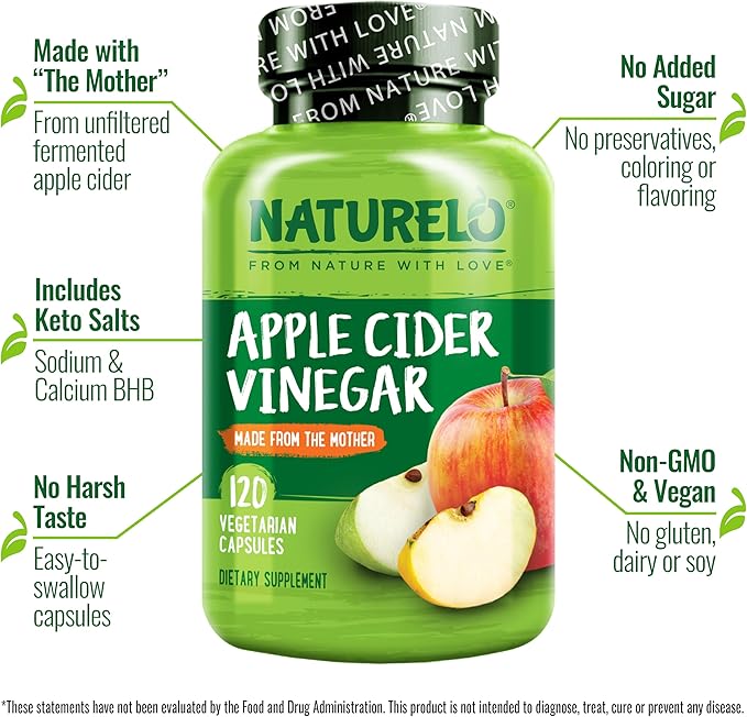 NATURELO Apple Cider Vinegar Capsules - Natural ACV with Mother Supplement for Men & Women for Detox, Cleanse and Weight Management - 120 Vegan Capsules (Pack of 2)
