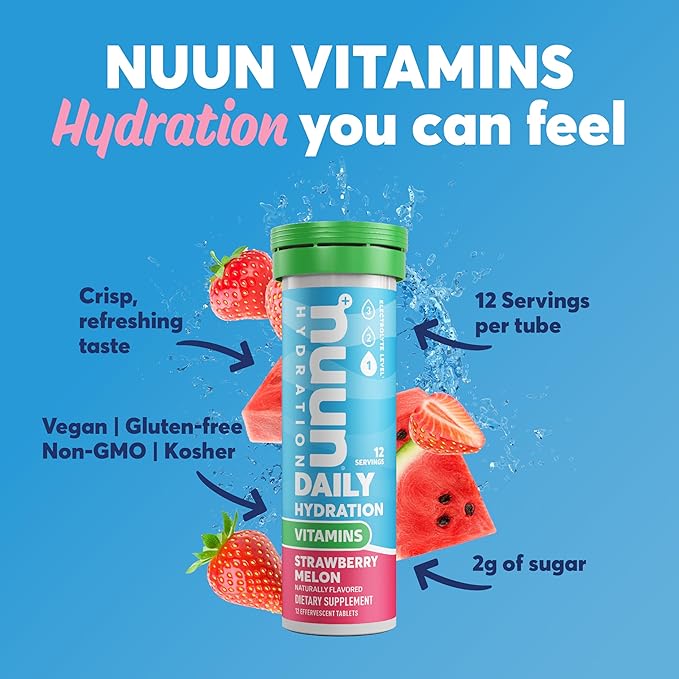 Nuun Hydration Vitamins Electrolyte Tablets, Strawberry Melon, 5 Essential Electrolytes for Hydration + Vitamin A, B6, C, D, E, with Magnesium, Vegan, Non-GMO, 8 Pack (96'Servings)