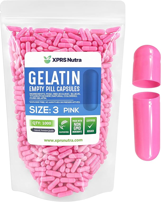 XPRS Nutra Size 3 Empty Capsules - 1000 Count Empty Gelatin Capsules - Empty Pill Capsules - DIY Capsule Filling - Pure Bovine Pill Capsules Empty Gel Caps (Pink)