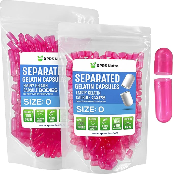 XPRS Nutra Gelatin Size 0 Separated Capsules - 100 Count Empty Capsules Separated in Bags - Size 0 Gelatin Capsules - Empty Gelatin Capsules for DIY Supplement Filling (Azalea Pink)