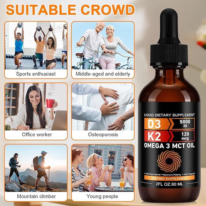 Vitamin D3 5000 IU & K2 (MK-7) 120 mcg 60ml Drops with MCT Oil Omega 3, Liquid Vitamin D3 & K2 Supplements - 2 Months Supply -Supports Bones, Teeth, Mood & Immune System, Calcium Absorption
