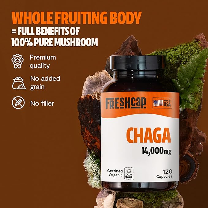 FreshCap Chaga Mushrooms Capsules 14,000mg - Chaga Mushroom Supplement, Mushroom Extract Antioxidants Supplement, Mushrooms Herbal Supplements, Ayurveda Nootropic Immunity Supplement (120 Capsules)