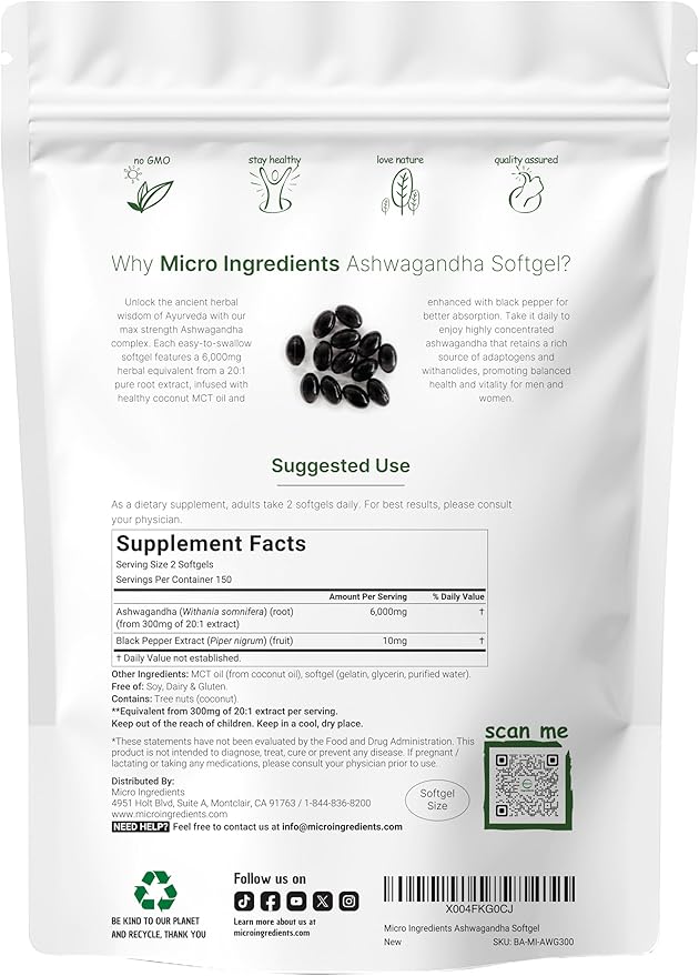 Ashwagandha Supplements 6,000mg Per Serving | 300 Coconut MCT Oil Softgels with Black Pepper for Better Absorption | Potent Root Extract | Natural Herbal Support for Relaxation | Non-GMO