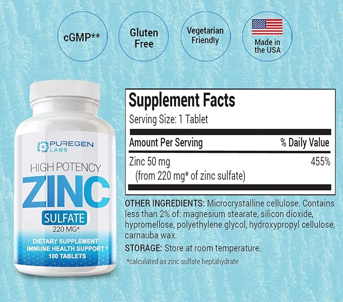 Puregen Labs Zinc Sulfate 220 mg Dietary Supplement Tablets - 100 Count (Pack of 2)