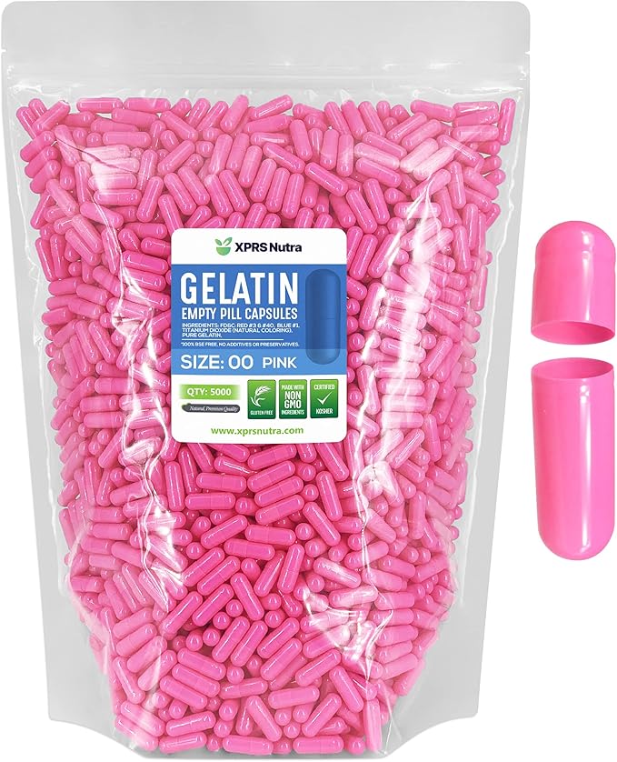 XPRS Nutra Size 00 Empty Capsules - 5000 Count Empty Gelatin Capsules - Empty Pill Capsules - DIY Capsule Filling - Fillable Pill Capsules Empty Gel Caps (Pink)