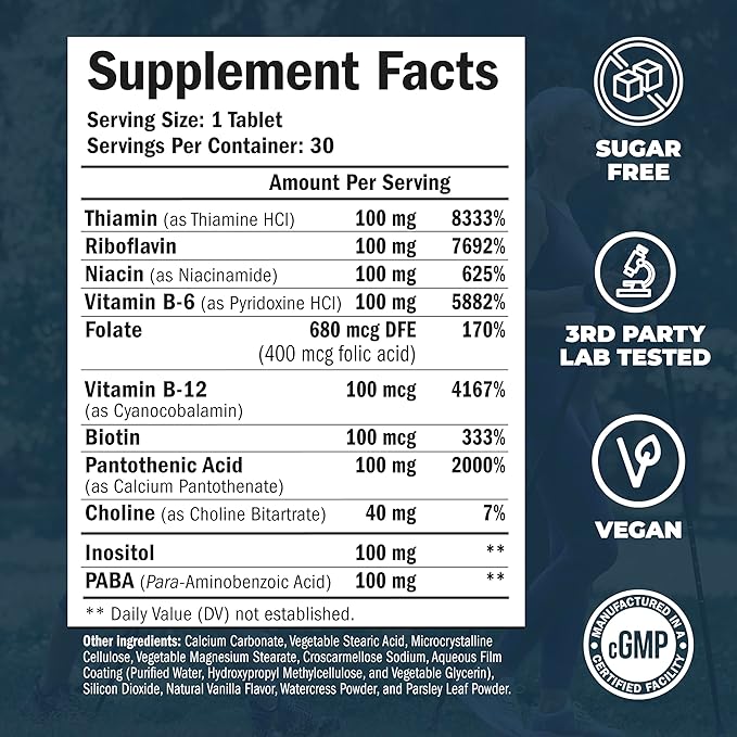 Vitamin B Complex with Vitamin B12, B2, Vitamin B6, Folic 400mcg. B