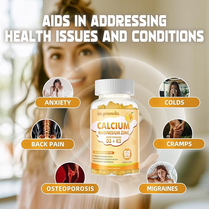 Calcium Magnesium Zinc Gummies with Vitamin D3 & K2 - High Potency Enhanced Absorption -120 Orange Gummies Flavored